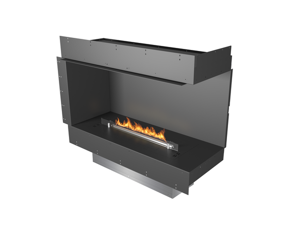 Modern black fireplace with visible flames on a white background