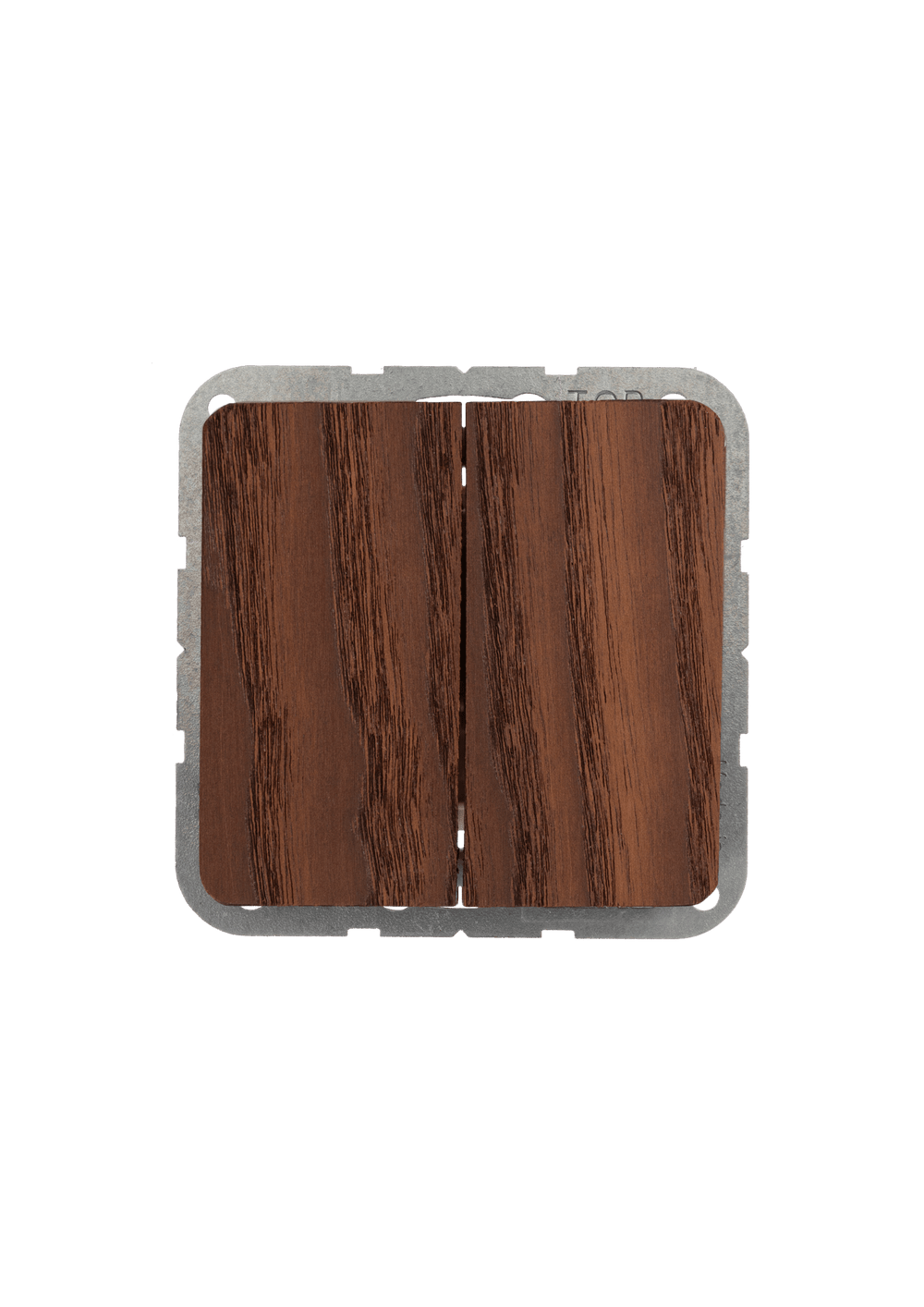 Wooden square coaster with metal rim on a light gray background