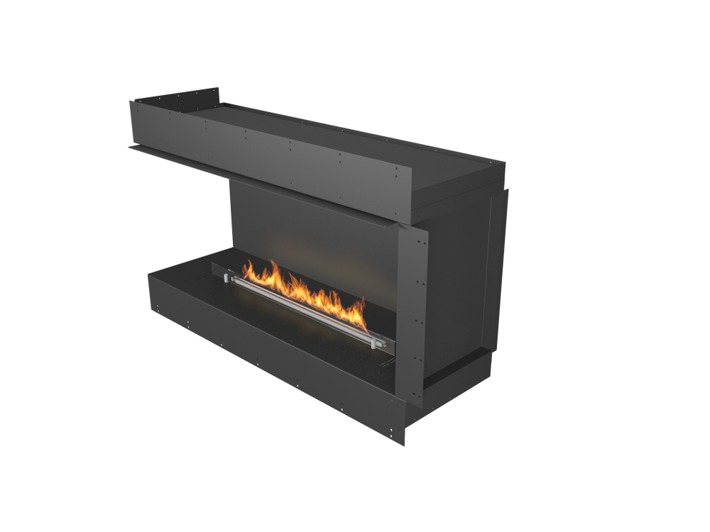 Modern black fireplace with visible flames on a white background