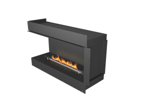 Modern black fireplace with visible flames on a white background