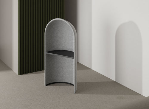 Gray curved office partition against a white wall