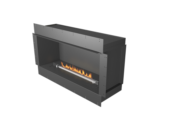 Modern black fireplace with visible flames on a white background