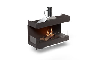 Modern freestanding fireplace with burning logs on a white background