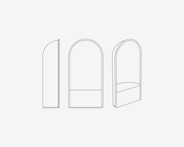 Line drawing of three arch-shaped shelves on a white background