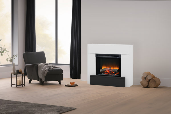 Modern living room with white electric fireplace with realistic flame effect and black lower panel. grey couch, wooden floor.
