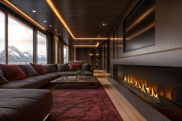 a luxury living room with planika fireplace