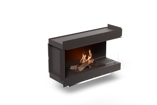 Modern black fireplace with flames on a white background