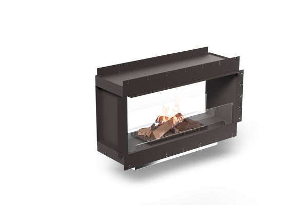 Modern freestanding fireplace with fire burning inside on a white background