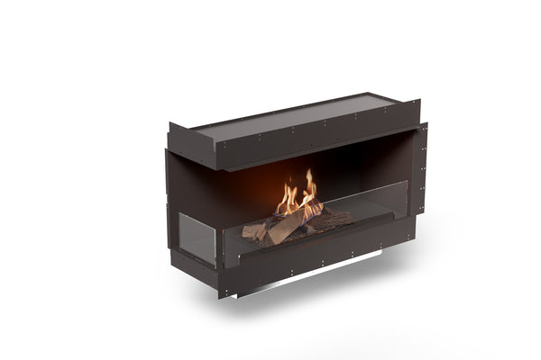 Modern black fireplace with flames on a white background