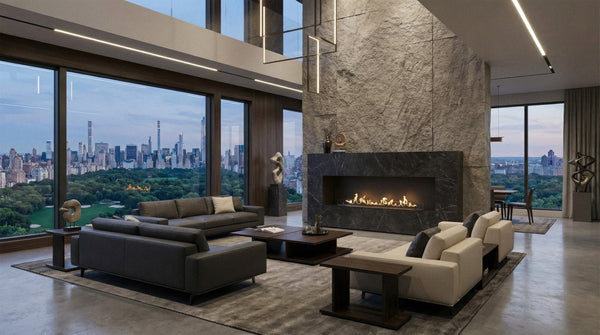 A render of Planika fireplace forma 1500 single-sided on a grey living room 