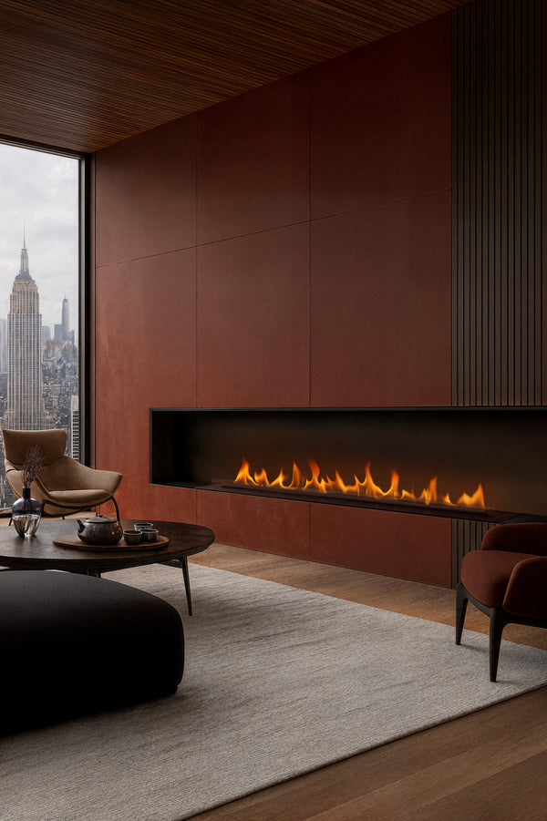 A red living room with a fireplace as a centre piece inside the red wall 