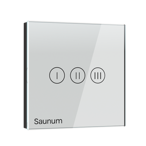 White electronic device with control icons and 'Saunum' branding on a white background