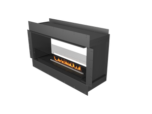 Modern black fireplace with visible flames on a white background