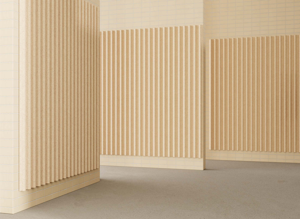 Close-up of a textured wall panel with horizontal slats in a neutral color scheme.