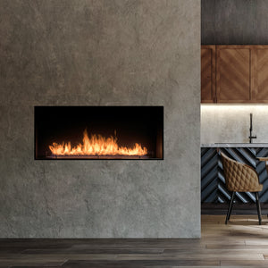 Modern kitchen with a built-in electric fireplace and dining area.