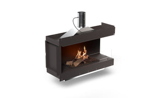 Modern black fireplace with flames on a white background