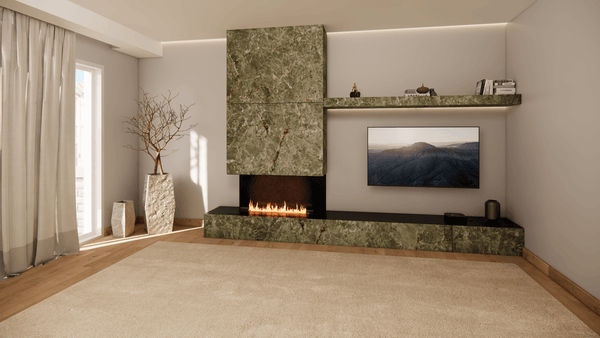 a living room with green marble tile and television, fireplace, dried plant.