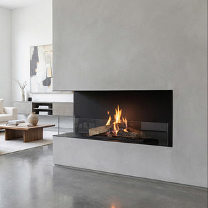 Modern living room with a fireplace and white decor