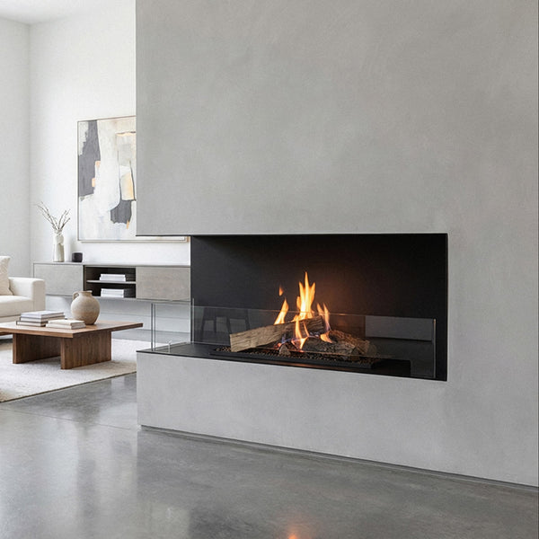 Modern living room with a fireplace and white decor