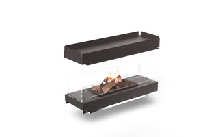 Modern freestanding ethanol fireplace with glass front on a white background