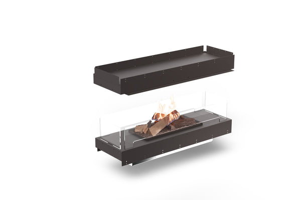 Modern freestanding ethanol fireplace with glass front on a white background