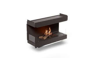 Modern black fireplace with flames on a white background