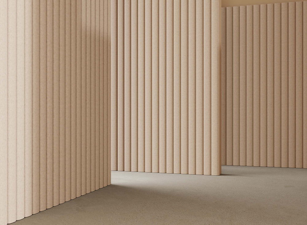 Beige wall panels arranged in a geometric pattern