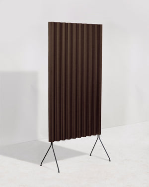 Brown striped screen on black metal legs against a white background