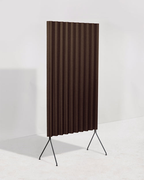 Brown striped screen on black metal legs against a white background
