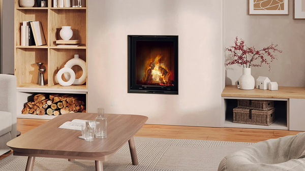 white minimal living room with fireplace, coffee table, and shelf