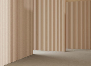 Beige and brown striped wall panels in a room corner.