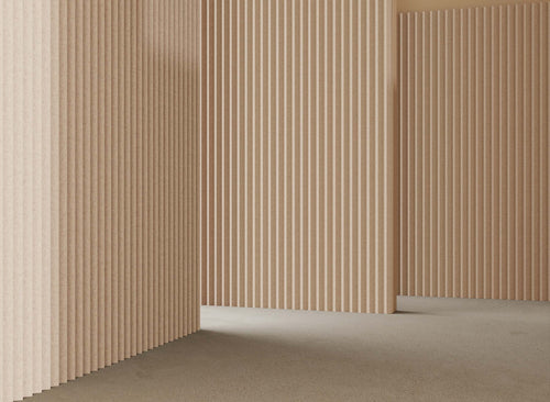 Beige and brown striped wall panels in a room corner.