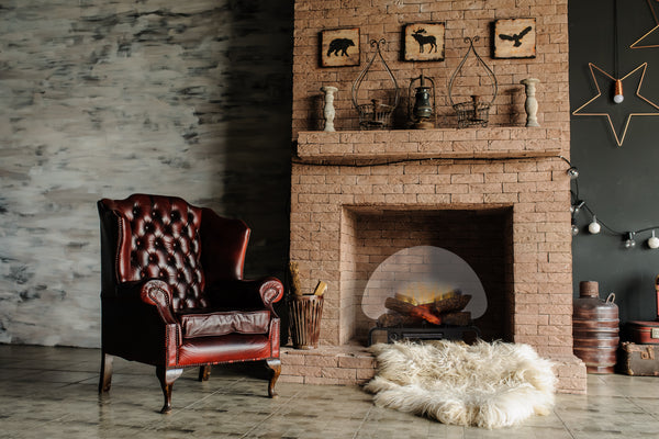 Revillusion Logset 20 render inside a brick wall with red couch and fur carpet. 