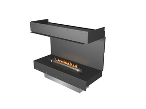 Modern black fireplace with visible flames on a white background