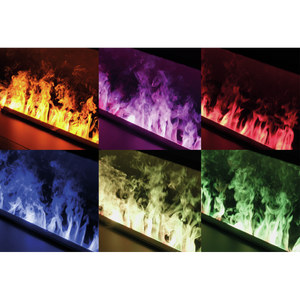 Collage of six panels showing flames in various colors including red, purple, blue, and green.
