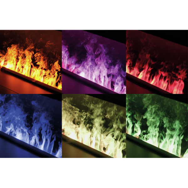 Collage of six panels showing flames in various colors including red, purple, blue, and green.