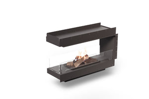 Modern freestanding fireplace with glass front on a white background