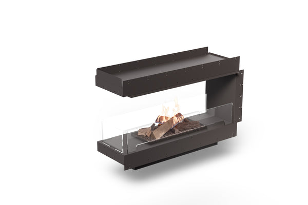 Modern freestanding fireplace with glass front on a white background