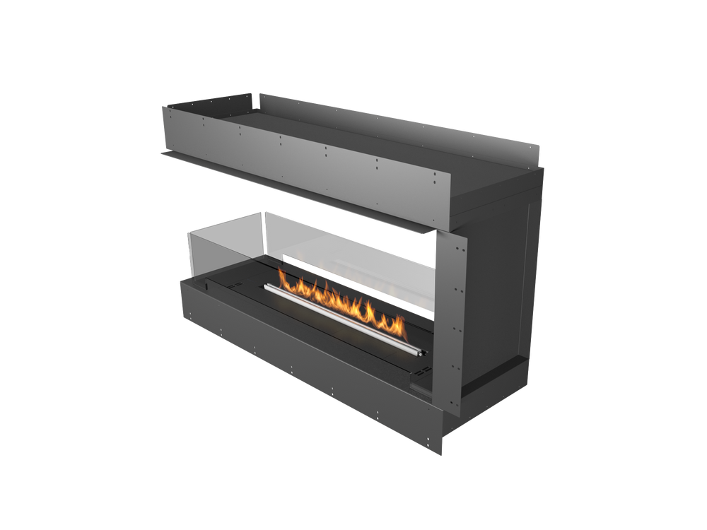 Modern black fireplace with visible flames on a white background