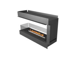 Modern black fireplace with visible flames on a white background