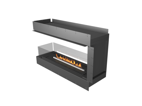 Modern black fireplace with visible flames on a white background