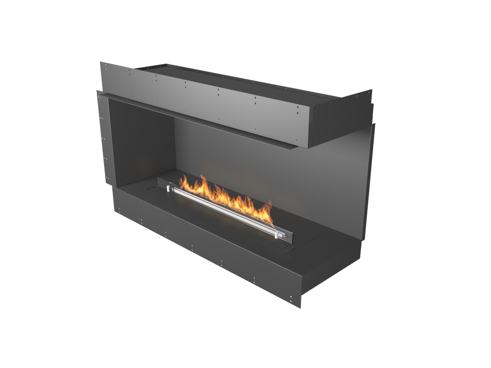 Modern black fireplace with visible flames on a white background