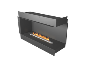 Modern black fireplace with visible flames on a white background