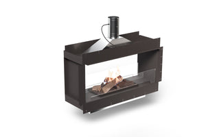 Modern freestanding fireplace with glass door on a white background