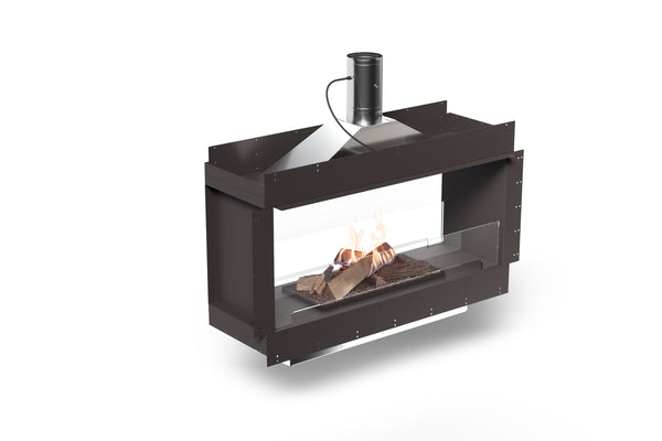 Modern freestanding fireplace with glass door on a white background