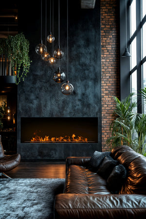 Modern living room with a fireplace, leather sofa, and hanging lights.