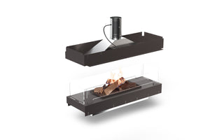 Modern freestanding ethanol fireplace with glass front on a white background