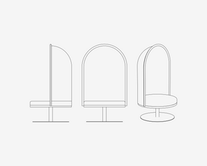 Line drawing of three modern stools with curved backrests on a white background