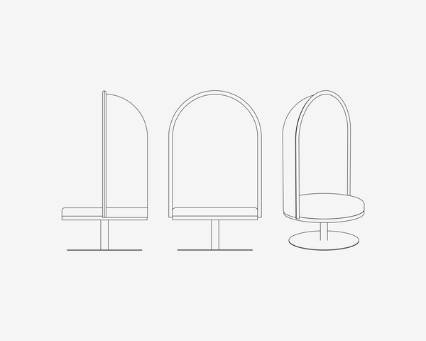 Line drawing of three modern stools with curved backrests on a white background