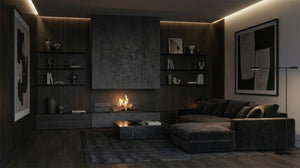 Modern living room with a fireplace, dark walls, and minimal decor.
